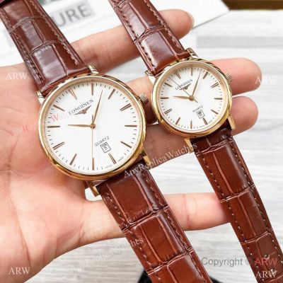 Copy Longines Master Quartz Watches Brown Leather Strap Rose Gold Watch Case